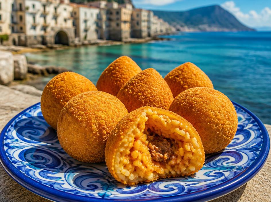 Arancine dorate su un piatto di ceramica decorata, una aperta sul ripieno di ragù
